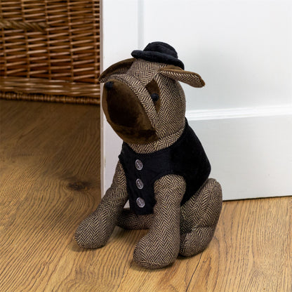 Bulldog Doorstop Herringbone Fabric Dog Door Stop With Hat And Waistcoat - Brown