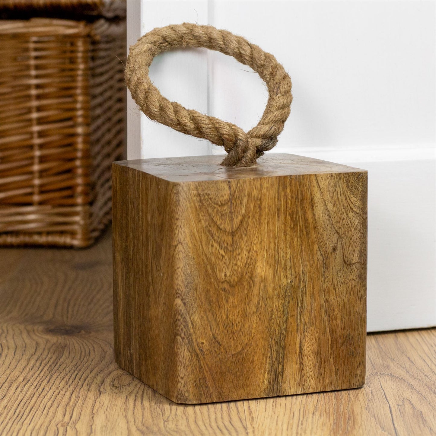 Mango Wood Doorstop | Chunky Cube Wooden Door Stop With Jute Handle - 1.4kg