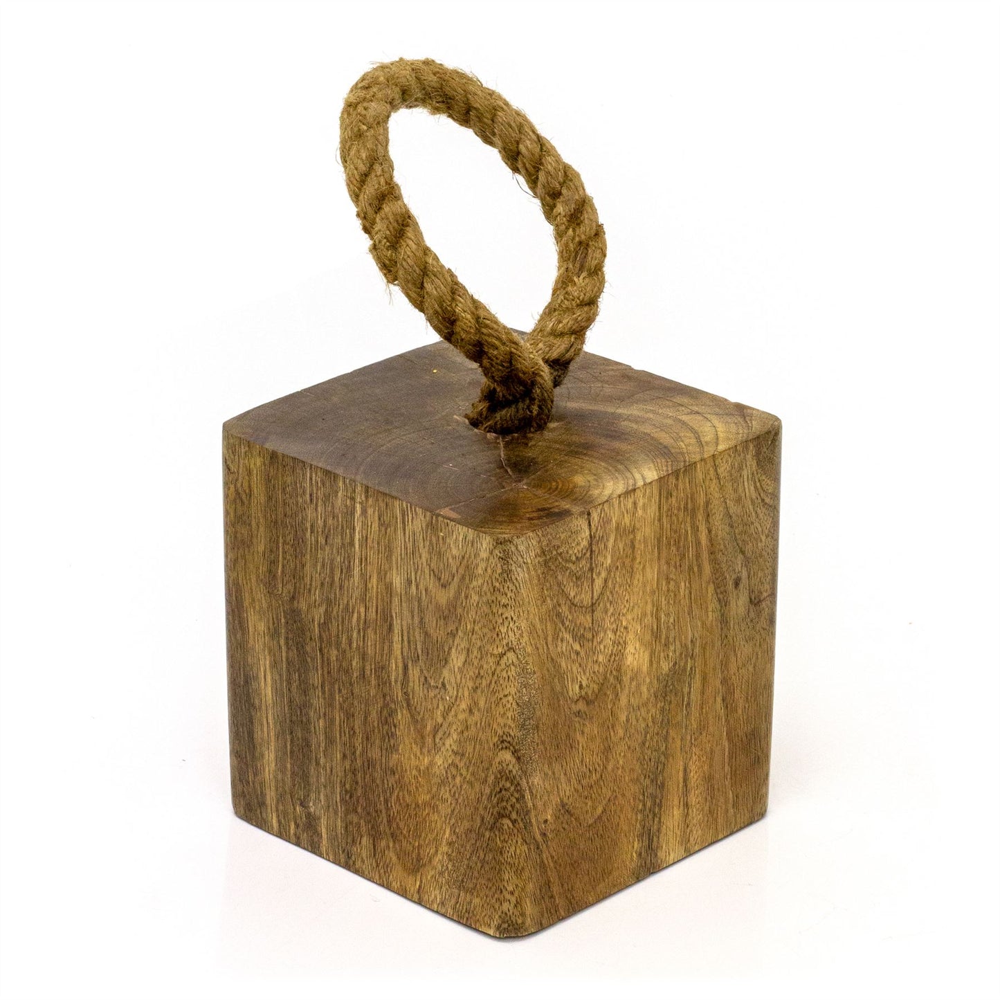 Mango Wood Doorstop | Chunky Cube Wooden Door Stop With Jute Handle - 1.4kg