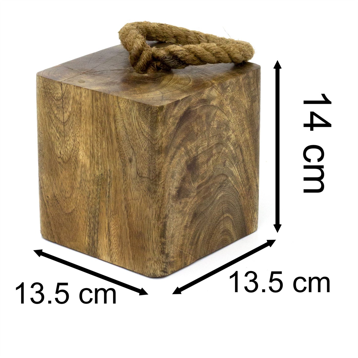 Mango Wood Doorstop | Chunky Cube Wooden Door Stop With Jute Handle - 1.4kg