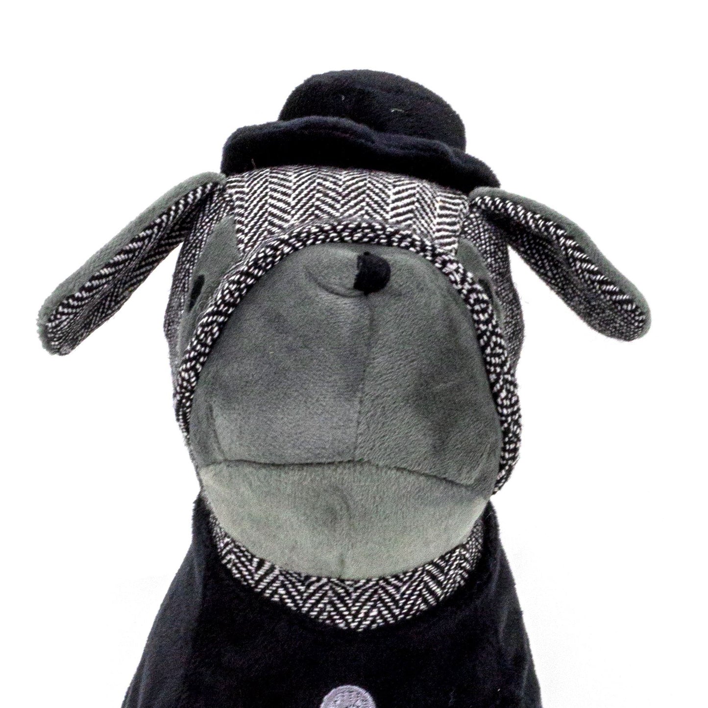 Bulldog Doorstop Herringbone Fabric Dog Door Stop With Hat And Waistcoat - Black