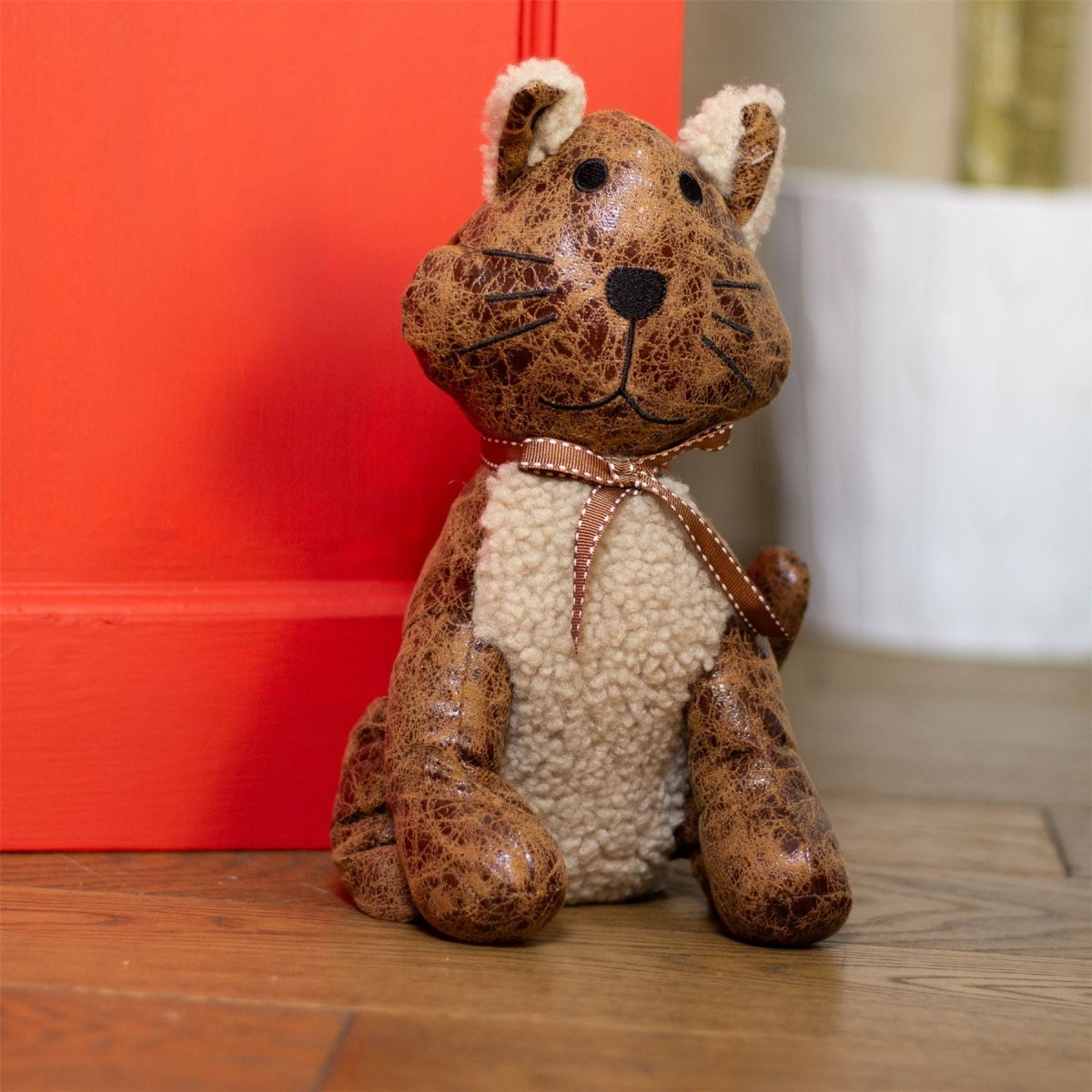 Chloe Cat Doorstop | Novelty Faux Leather Cat Door Stop with Ribbon 1.5kg - 26cm - Doorstop