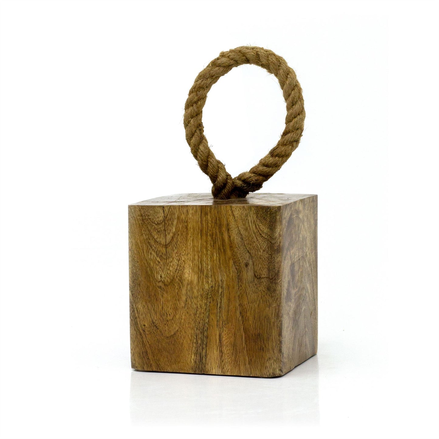 Mango Wood Doorstop | Chunky Cube Wooden Door Stop With Jute Handle - 1.4kg