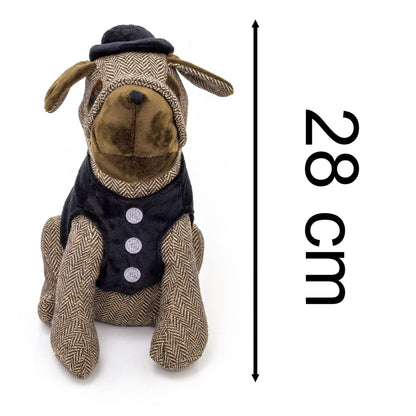 Bulldog Doorstop Herringbone Fabric Dog Door Stop With Hat And Waistcoat - Brown