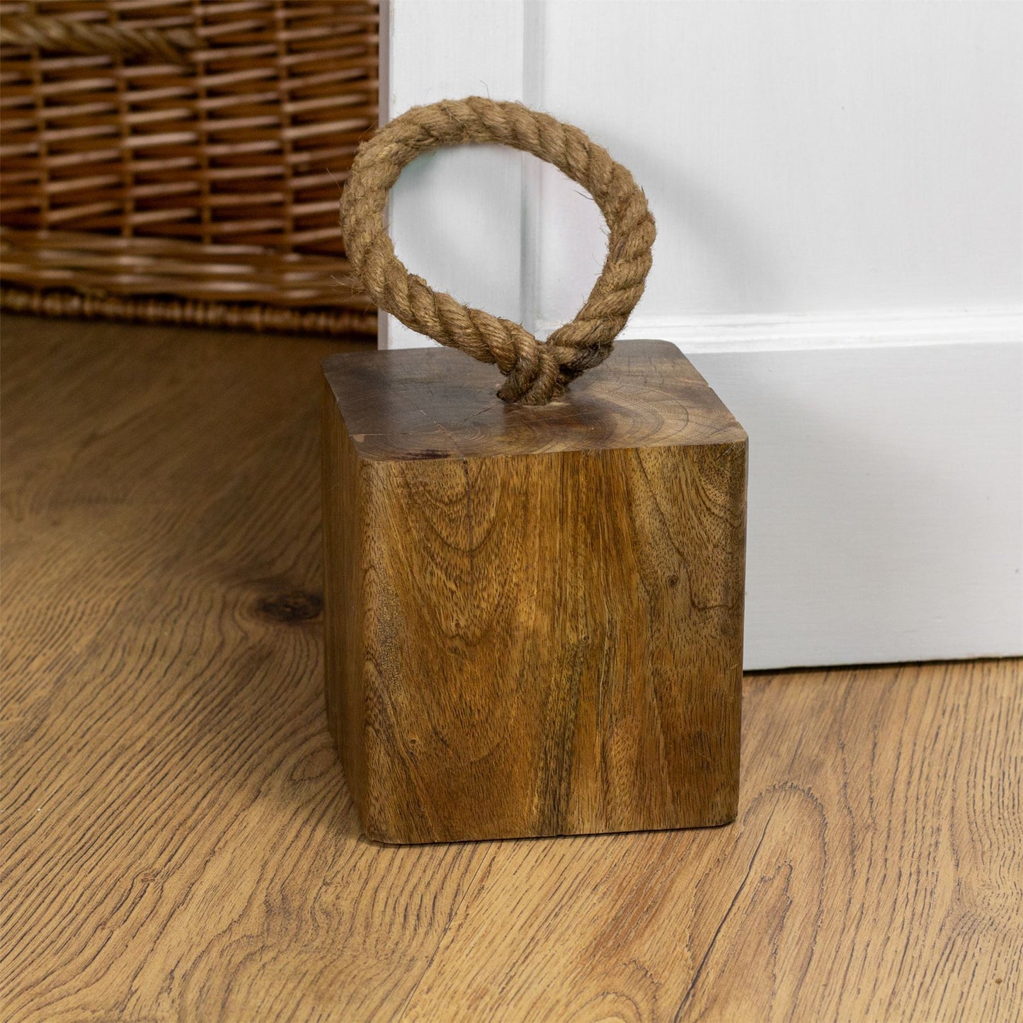 Mango Wood Doorstop | Chunky Cube Wooden Door Stop With Jute Handle - 1.4kg