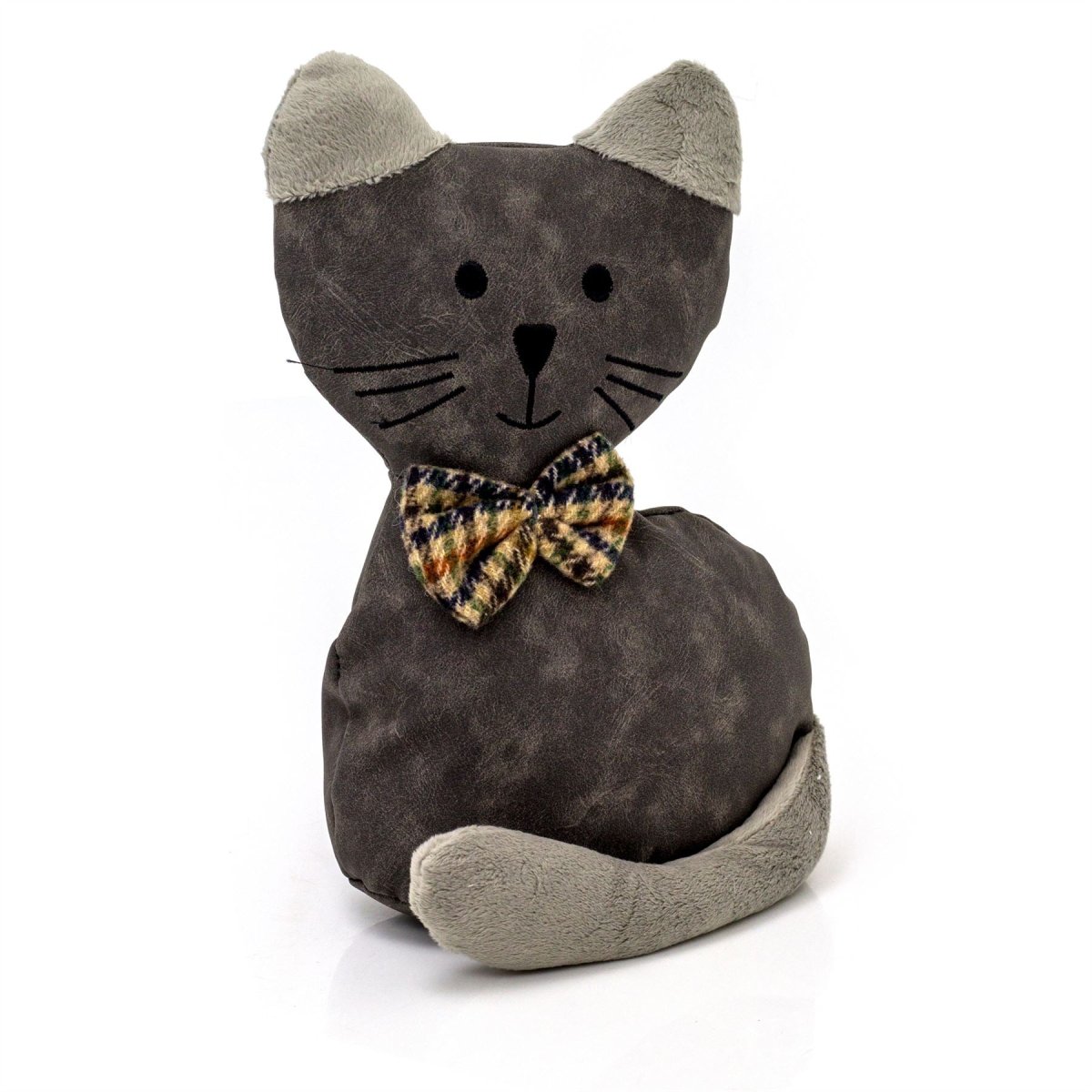 Faux Leather Cat Doorstop | Tartan Bow Cat Doorstopper Animal Doorstop - 1.5kg - Doorstop
