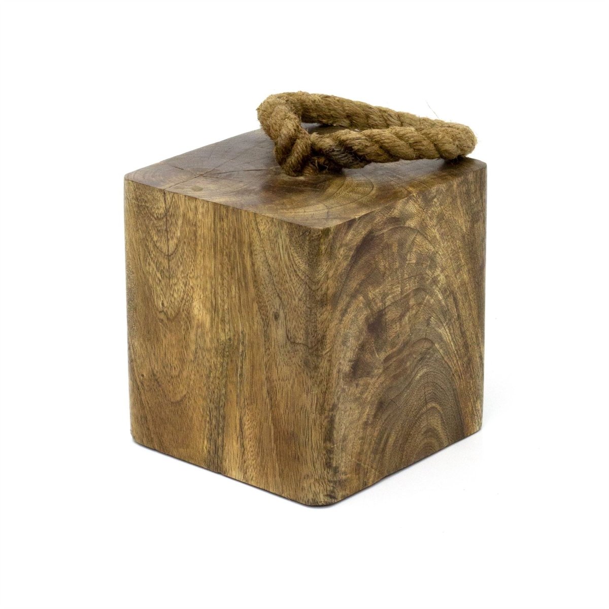 Mango Wood Doorstop | Chunky Cube Wooden Door Stop With Jute Handle - 1.4kg - Doorstop