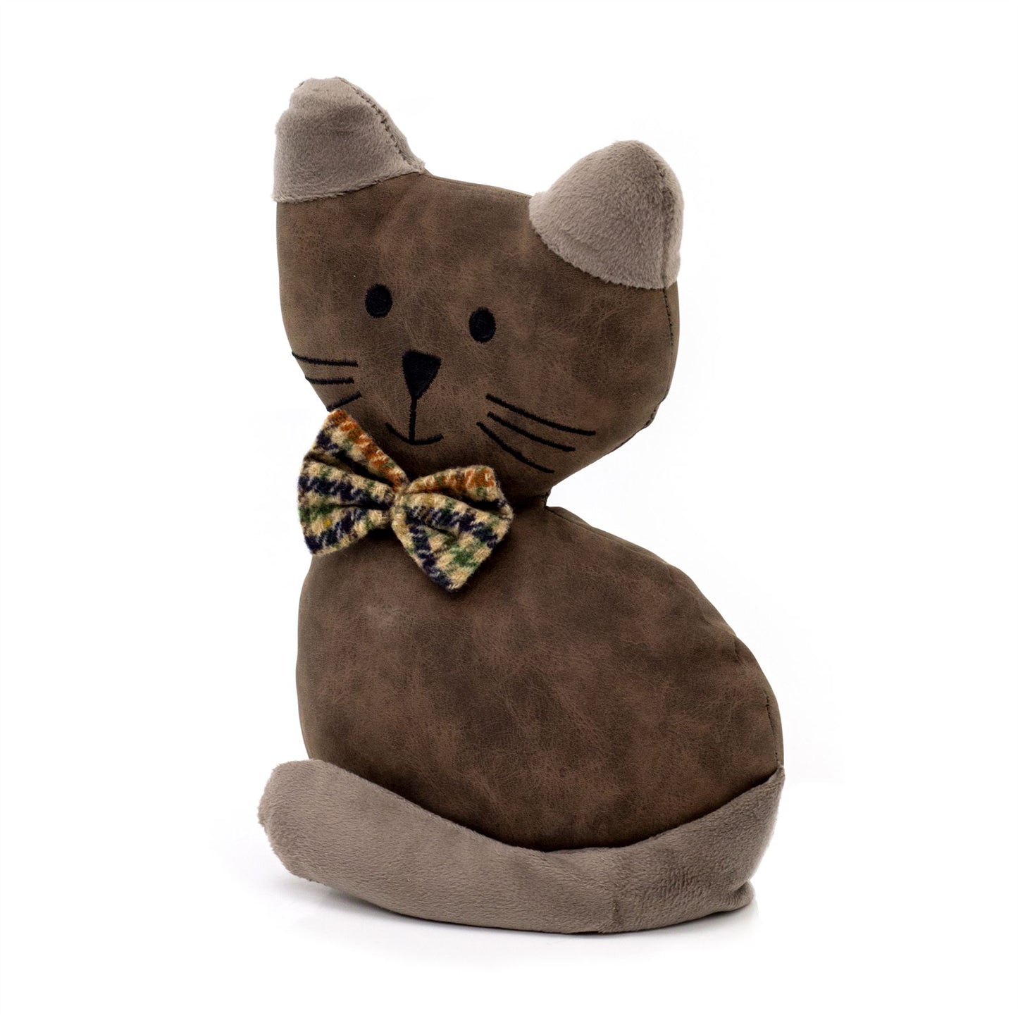 Faux Leather Cat Doorstop | Tartan Bow Cat Doorstopper Animal Doorstop - 1.5kg