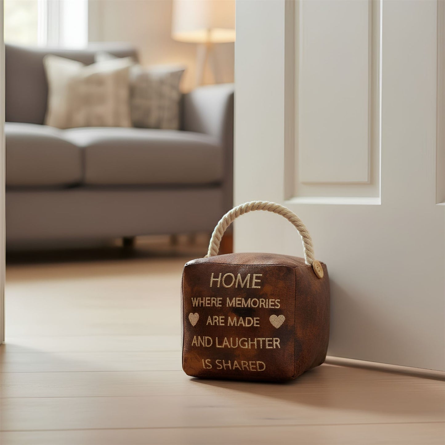 Home Where Memories are Made Faux Leather Doorstop with Rope Handle - 14cm