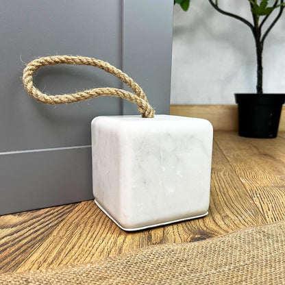 3kg Square White Marble Doorstop with Handle | Heavy Duty Cube Door Stop for Floor - 10cm - Doorstop