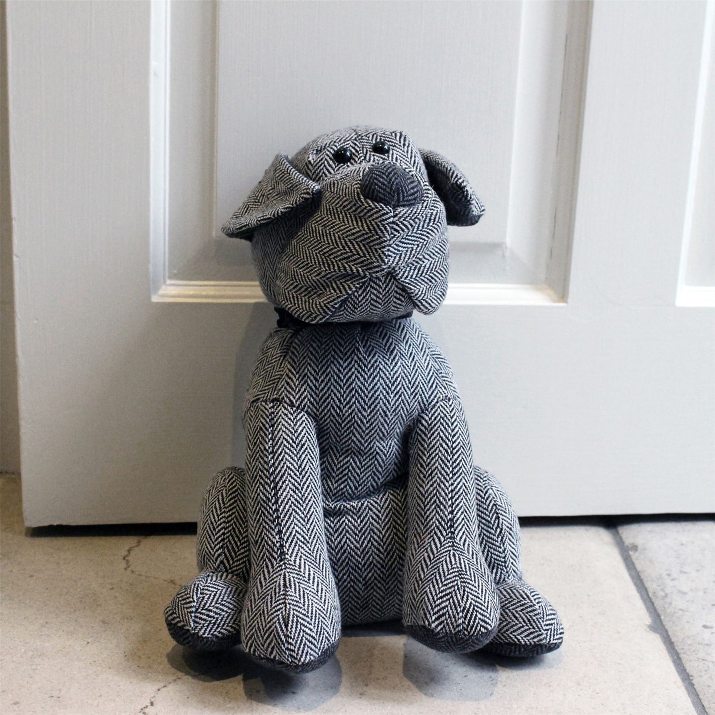 Monty Grey Herringbone Dog Doorstop | Novelty Fabric Dog Shaped Door Stop - 27cm