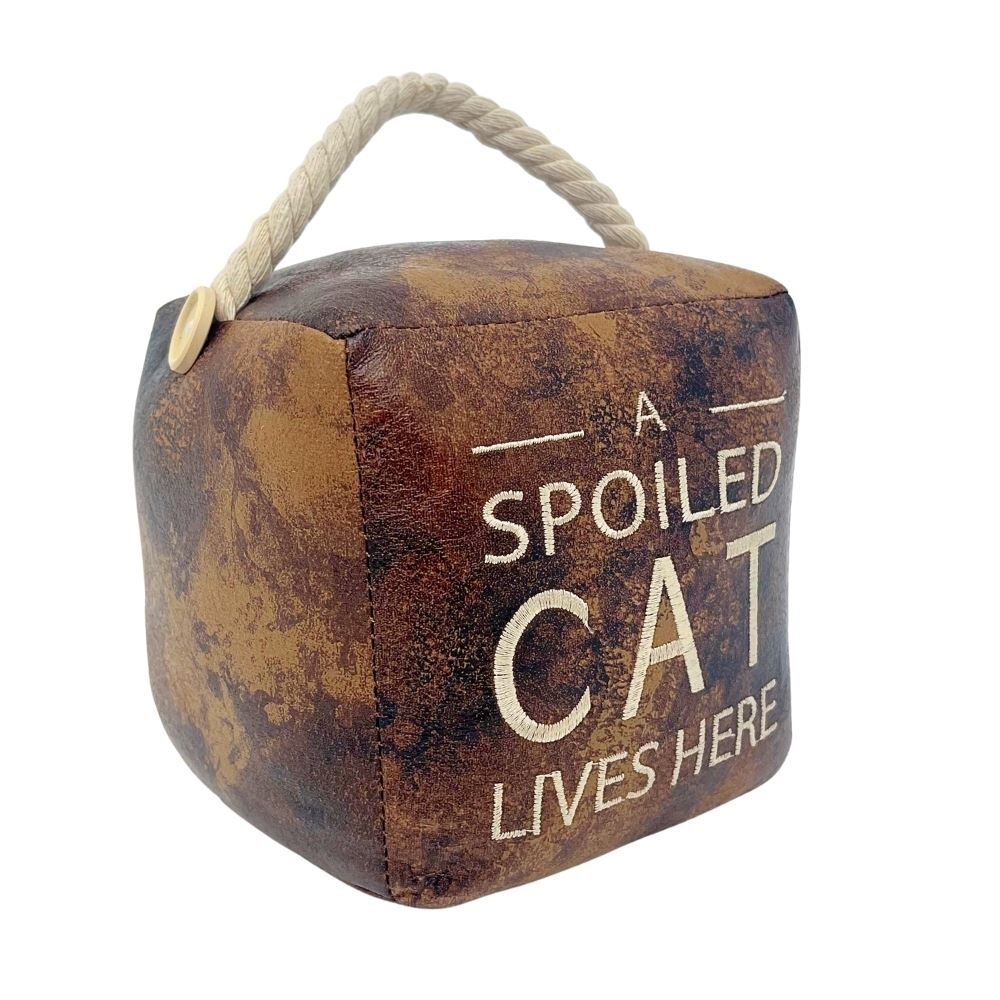 A Spoiled Cat Lives Here Doorstop, 16cm Novelty Slogan Door Stop Rope Handle - Doorstop