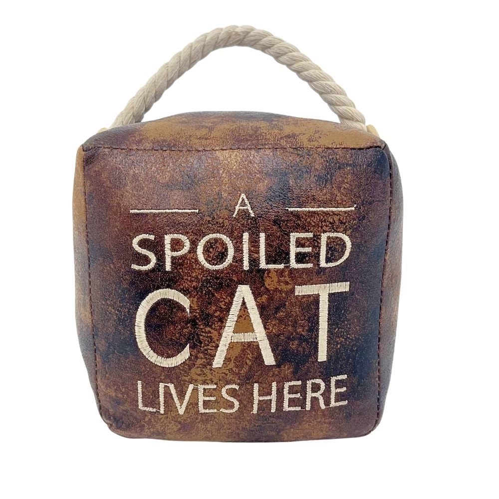 A Spoiled Cat Lives Here Doorstop, 16cm Novelty Slogan Door Stop Rope Handle - Doorstop