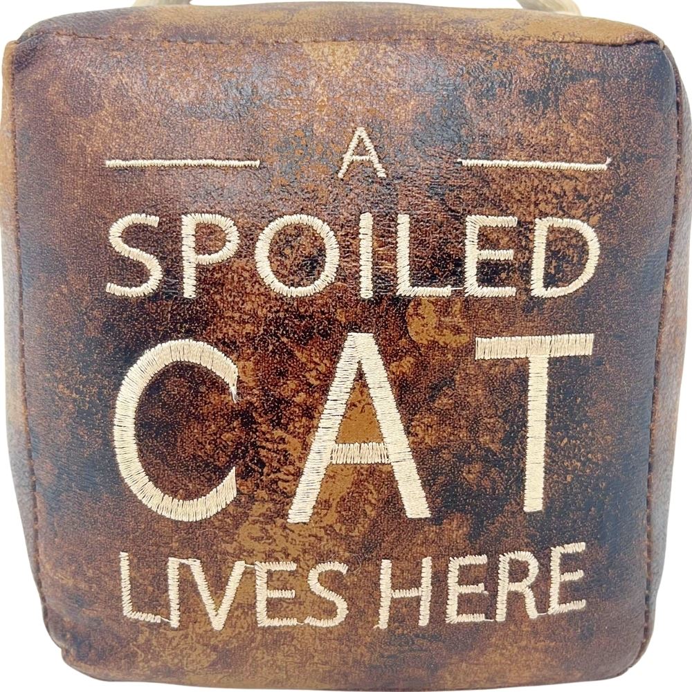 A Spoiled Cat Lives Here Doorstop, 16cm Novelty Slogan Door Stop Rope Handle - Doorstop