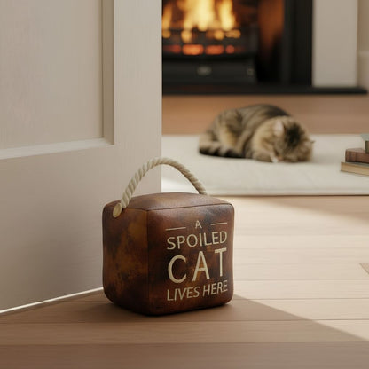 A Spoiled Cat Lives Here Doorstop, 16cm Novelty Slogan Door Stop Rope Handle - Doorstop