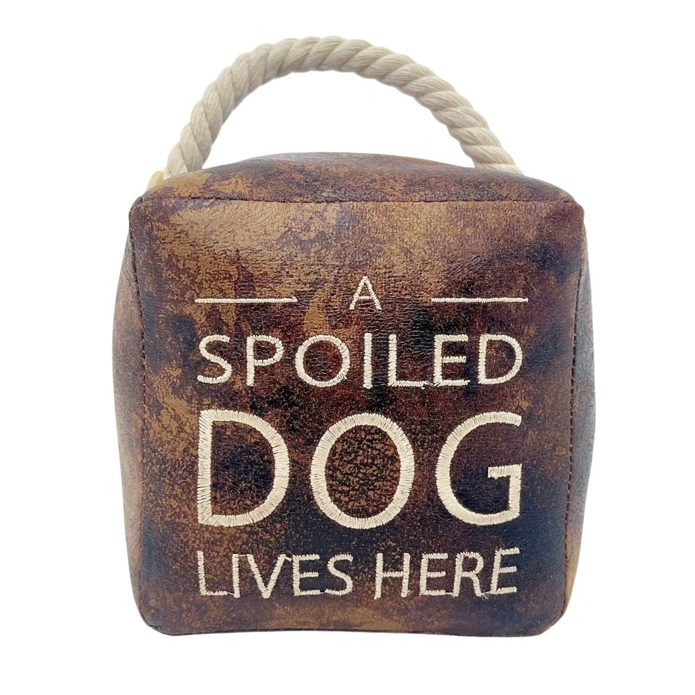 A Spoiled Dog Lives Here Doorstop, 16cm Novelty Slogan Door Stop Rope Handle - Doorstop