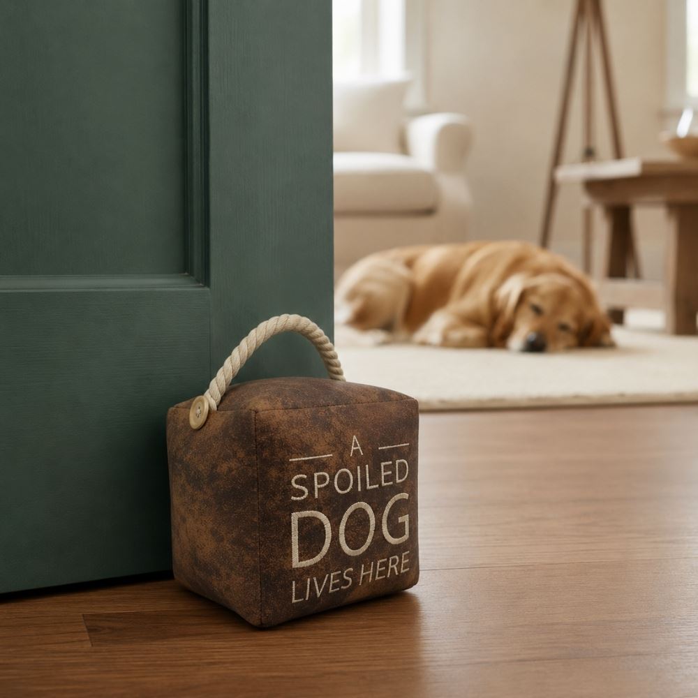 A Spoiled Dog Lives Here Doorstop, 16cm Novelty Slogan Door Stop Rope Handle - Doorstop