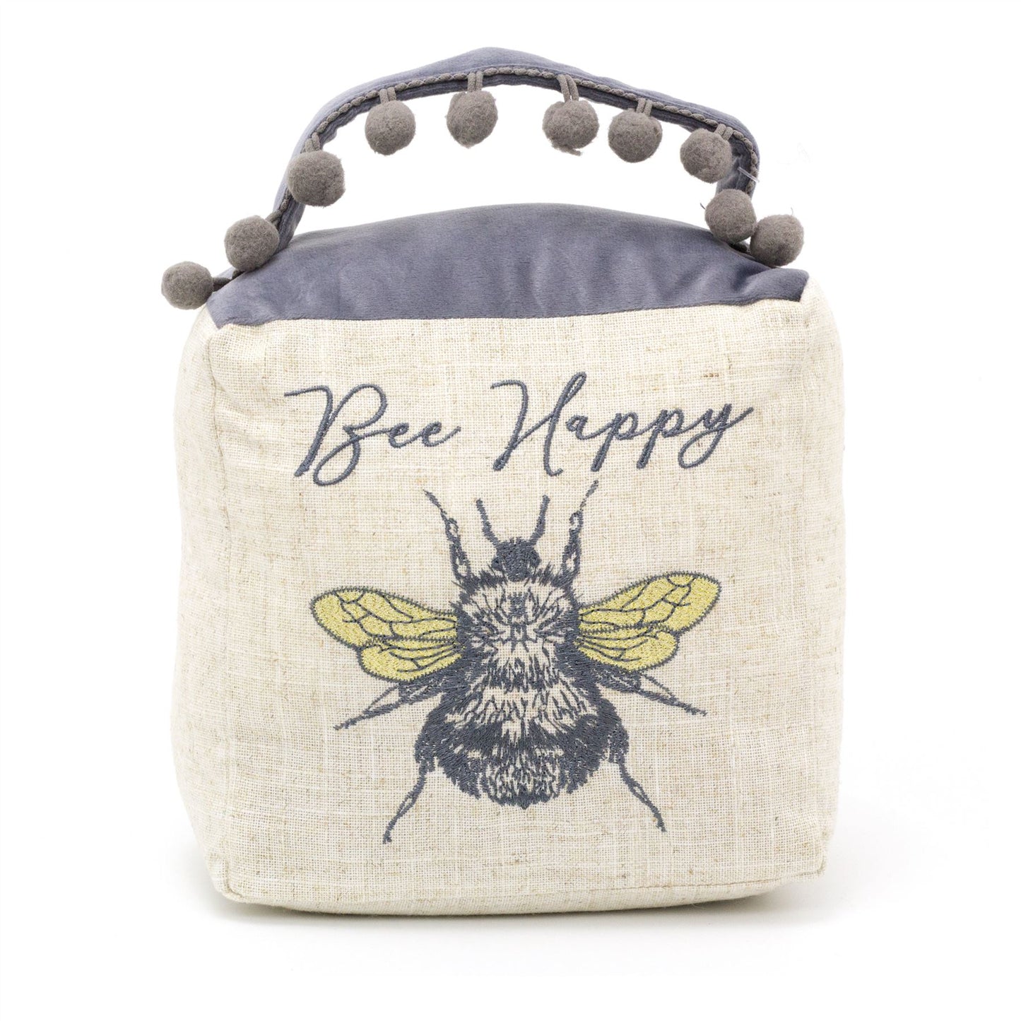 Bee Happy Cube Fabric Bee Doorstop | Honey Bee Pom Pom Doorstopper | Square Bee Door Stop With Handle