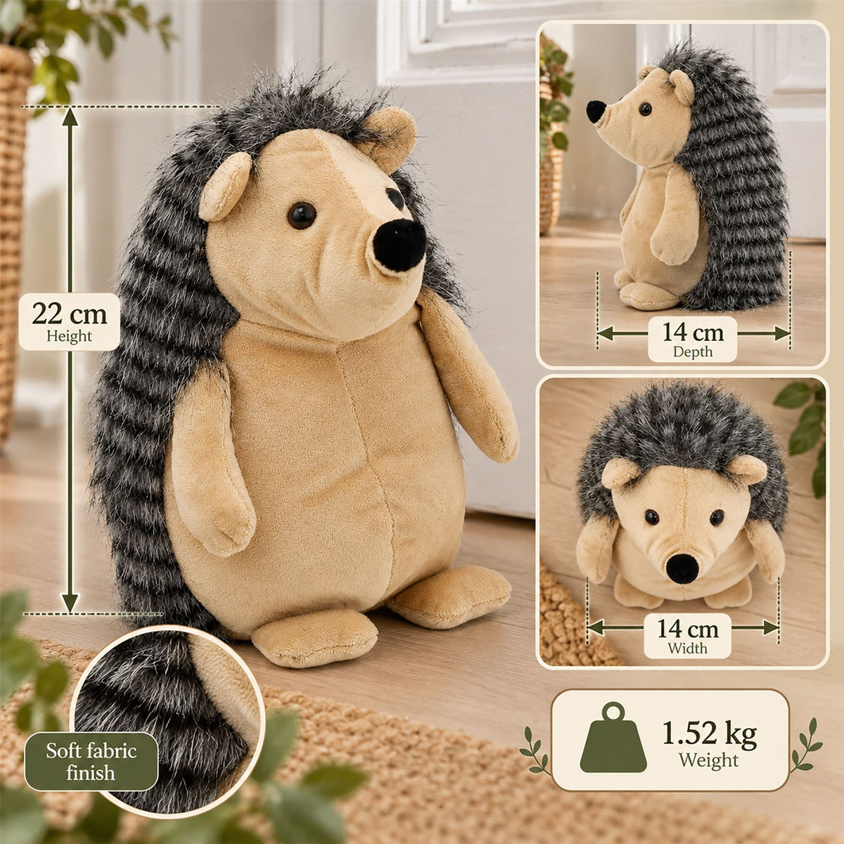 Hazel the Hedgehog Fabric Doorstop, Brown Animal Door Stopper, 22 cm