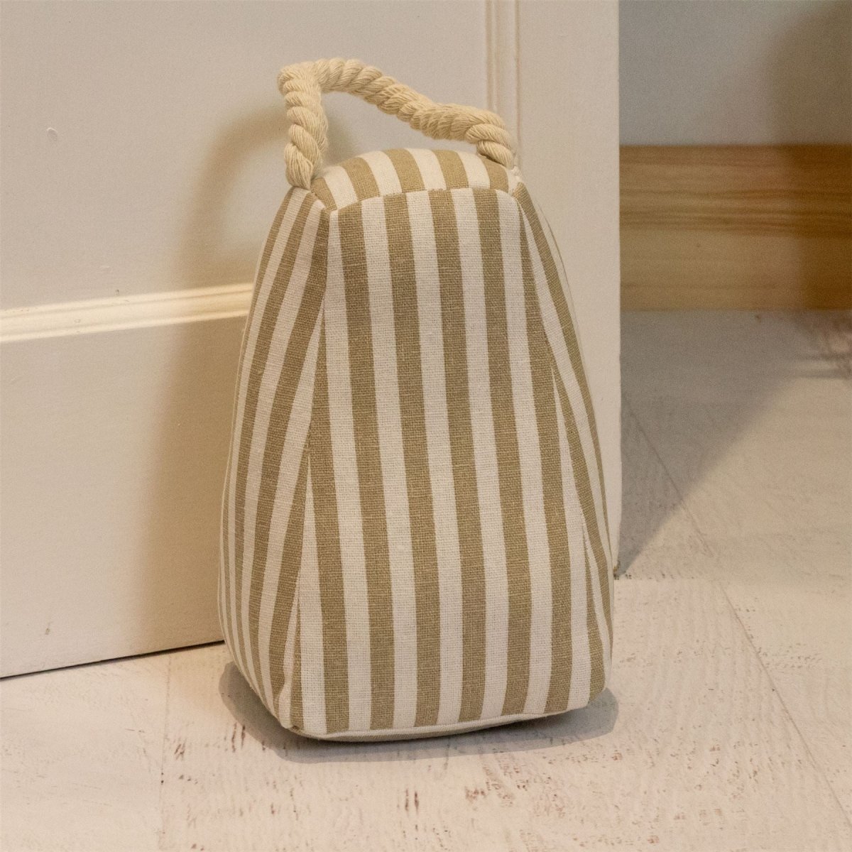 Beige Stripe Fabric Doorstop | Triangular Weighted Door Stop with Handle 1.2kg - Doorstop