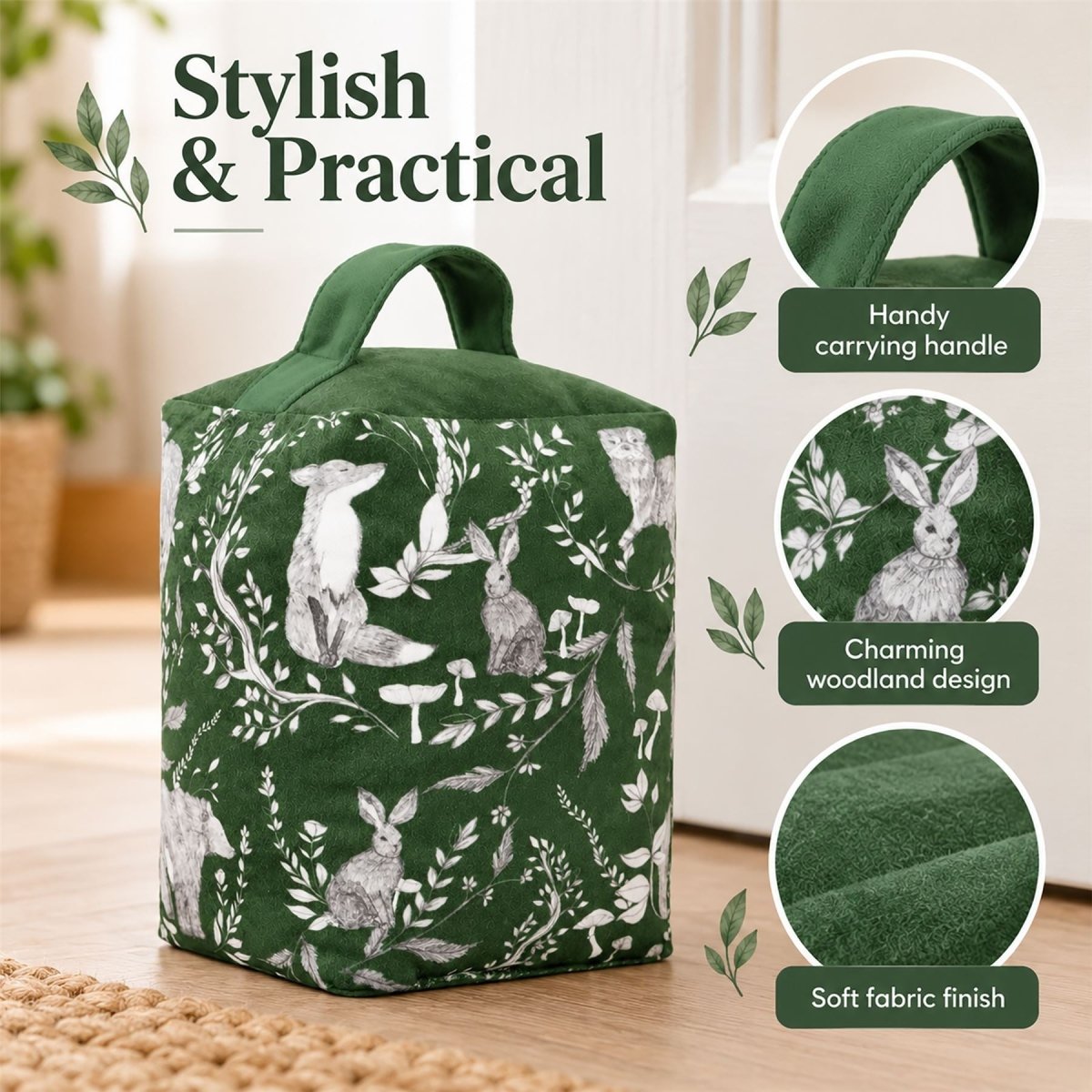 Buckthorn Evergreen Weighted Fabric Doorstop, 20cm Green Woodland Doorstop - Doorstop
