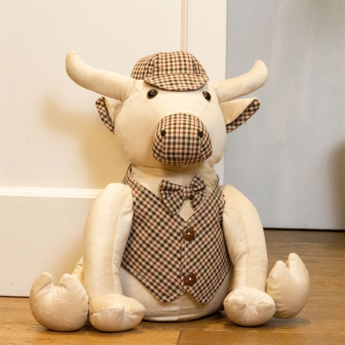 Buster Bull Tweed Fabric Doorstop | Novelty Cow - Shaped Animal Door Stop - 30cm - Doorstop
