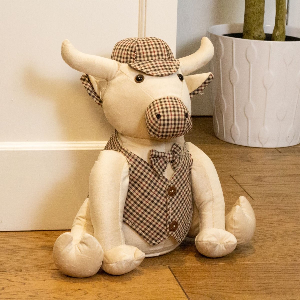 Buster Bull Tweed Fabric Doorstop | Novelty Cow - Shaped Animal Door Stop - 30cm - Doorstop