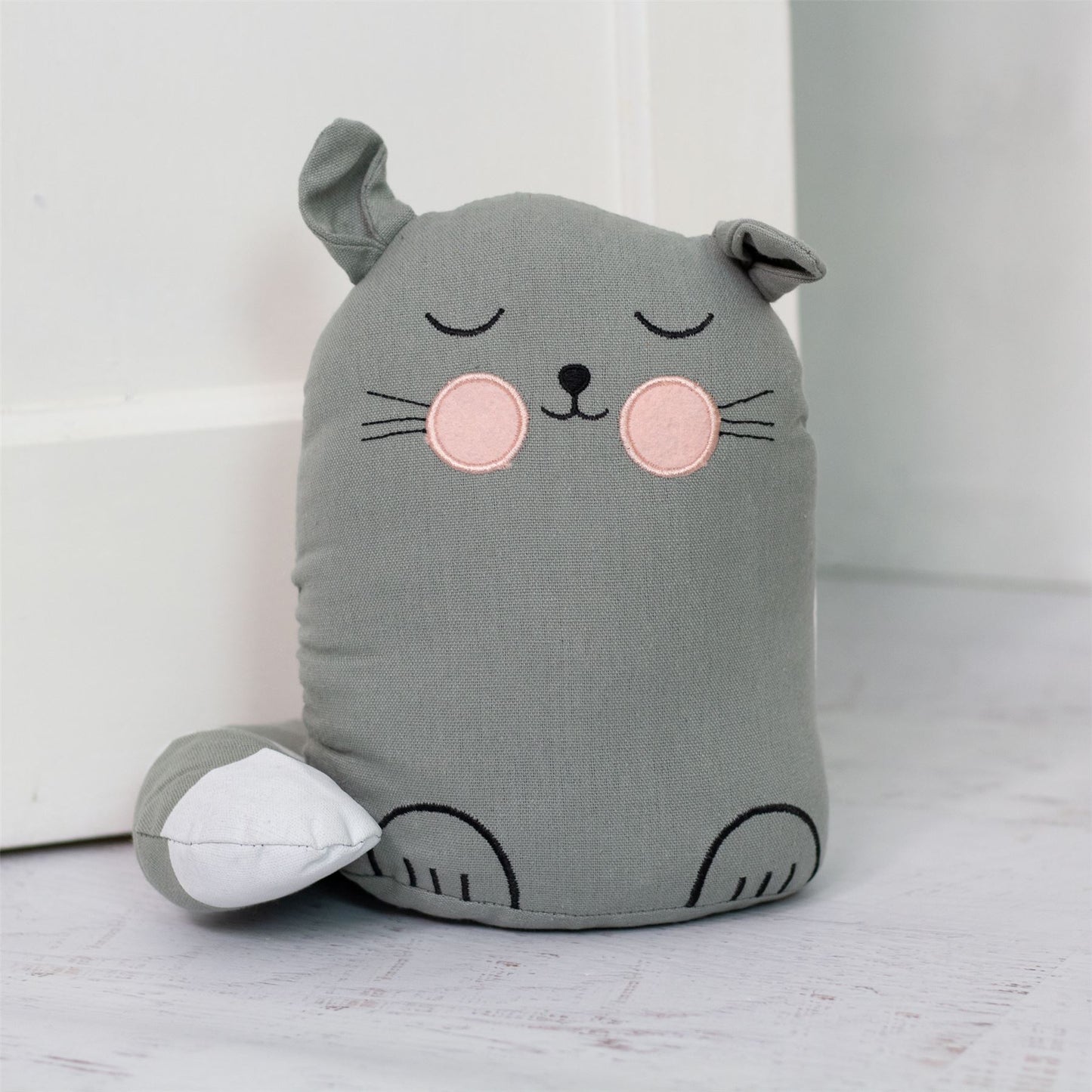Childrens Fabric Cat Doorstop | Kids Cat Doorstops Animal Door Stopper - Grey