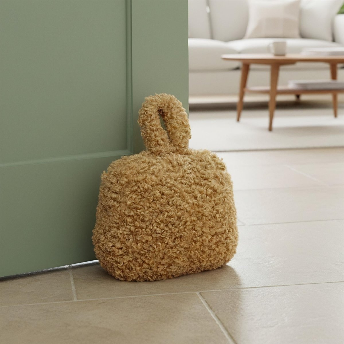 Caramel Boucle Door Stop, 1kg Fabric Doorstop with Handle, 15cm Floor Door Stopper - Doorstop