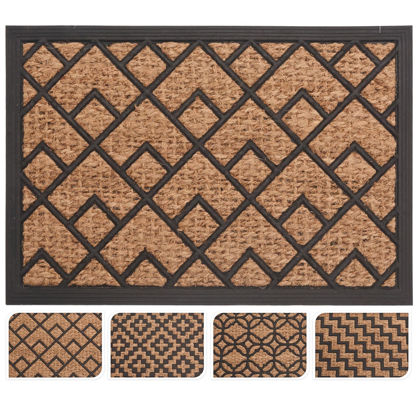 Rubber Geometric Design Coconut Fibre Coir Front Door Welcome Entrance Mat Natural Doormat 40x60cm ~ Design Varies