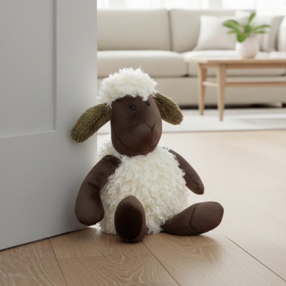 Cute Woolly Sheep Fabric Doorstop - Novelty Animal Door Stop - Brown Ear - Doorstop