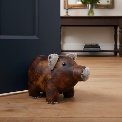Cecil Pig Door Stop, 20cm Weighted Faux Leather Animal Doorstop - 1.8kg