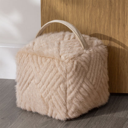 Cream Faux Fur Cube Doorstop | Square Plush Weighted Door Stop With Handle 21cm