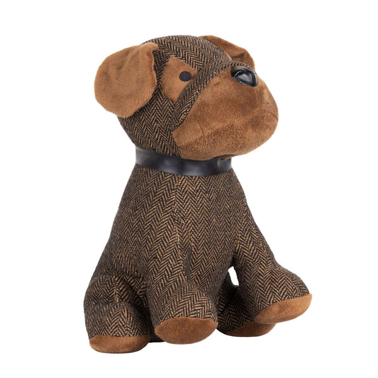 Oscar Dog Doorstop | Brown Herringbone Fabric Dog Shaped Door Stop - 27cm