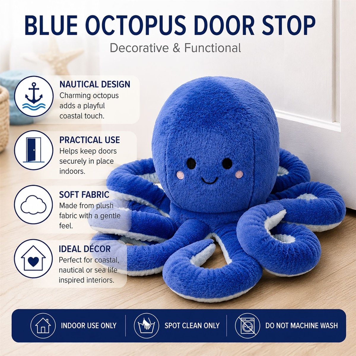 Fabric Blue Octopus Door Stop, 16 cm Coastal Sea Life Door Stopper - Doorstop