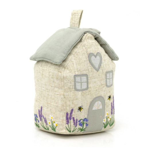 Fabric House Shaped Door Stop | Embroidered Cottage Floral Bee Doorstop - 21cm - Doorstop