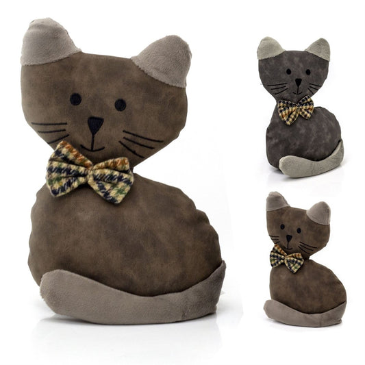 Faux Leather Cat Doorstop | Tartan Bow Cat Doorstopper Animal Doorstop - 1.5kg - Doorstop