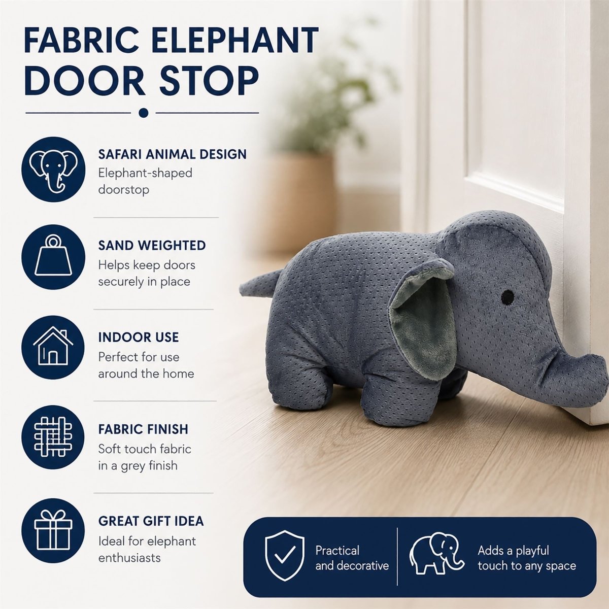 Grey Fabric Elephant Door Stop, 31cm Safari Animal Door Stopper - Doorstop