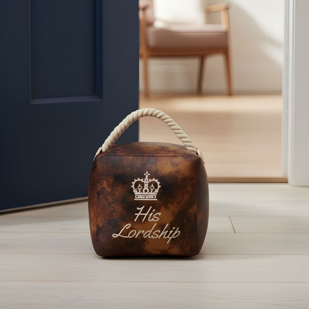 His Lordship Faux Leather Doorstop, 16cm Novelty Slogan Door Stop Rope Handle - Doorstop