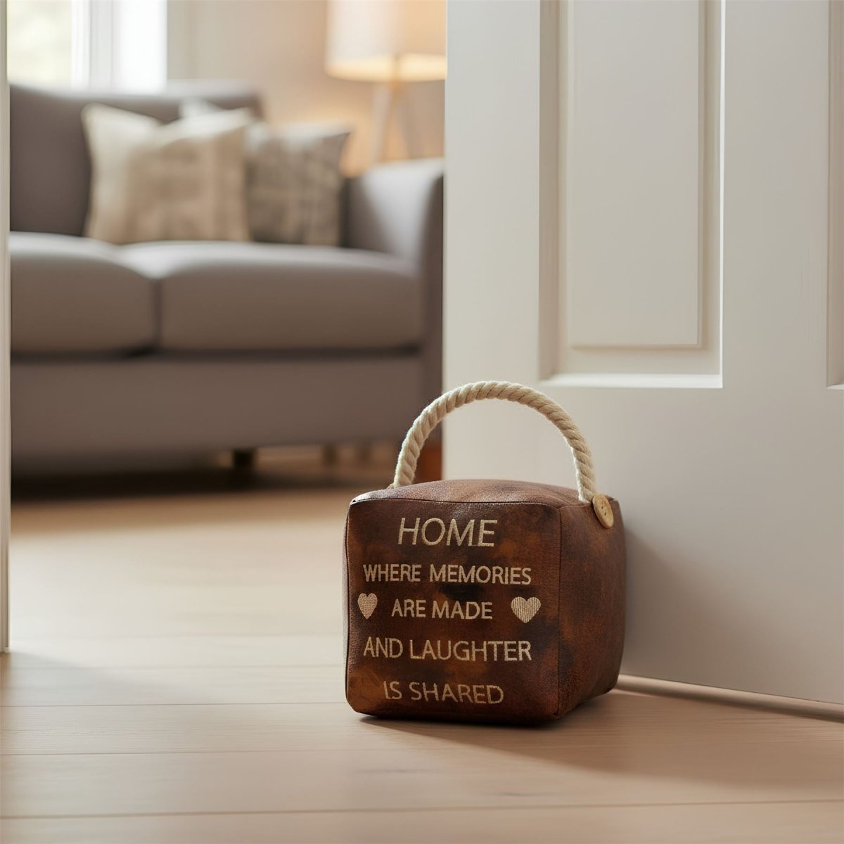 Home Where Memories are Made Faux Leather Doorstop with Rope Handle - 14cm - Doorstop
