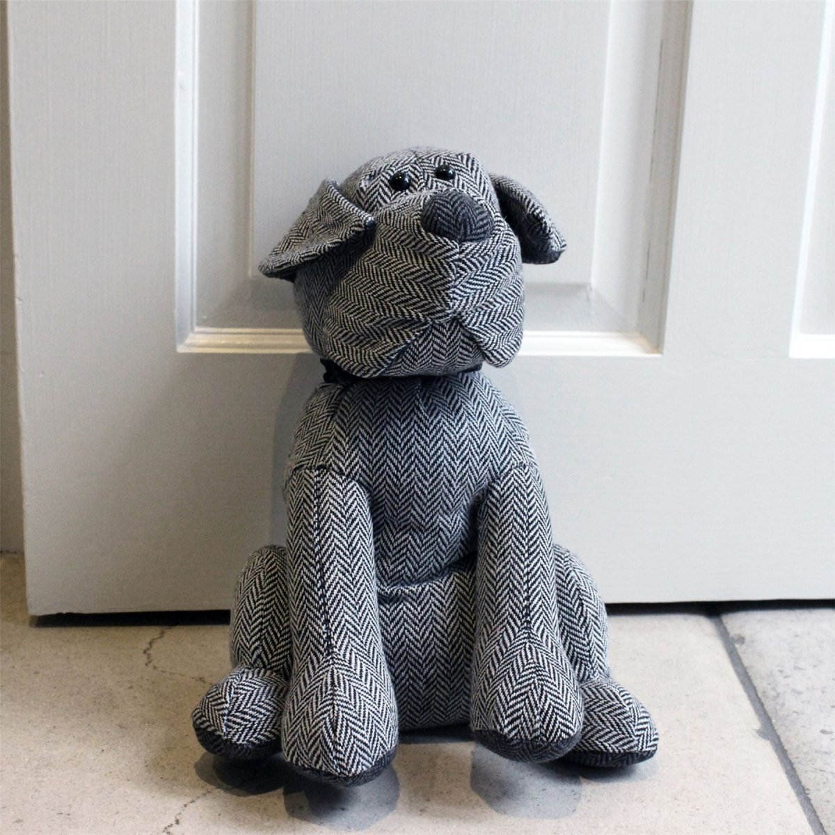 Monty Grey Herringbone Dog Doorstop | Novelty Fabric Dog Shaped Door Stop - 27cm - Doorstop