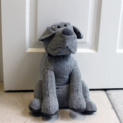 Monty Grey Herringbone Dog Doorstop | Novelty Fabric Dog Shaped Door Stop - 27cm - Doorstop