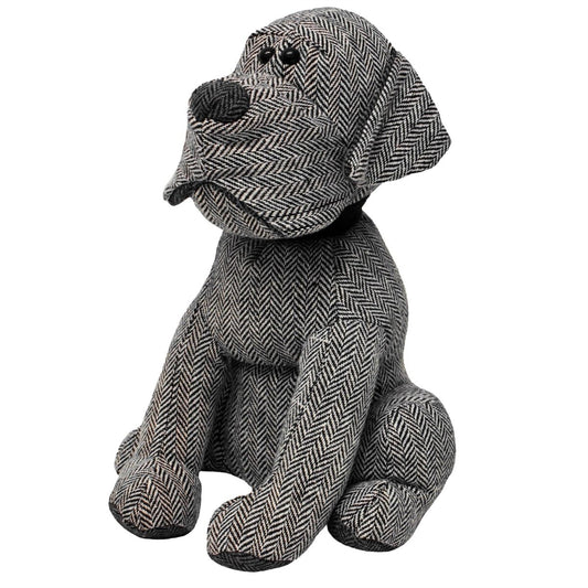 Monty Grey Herringbone Dog Doorstop | Novelty Fabric Dog Shaped Door Stop - 27cm - Doorstop