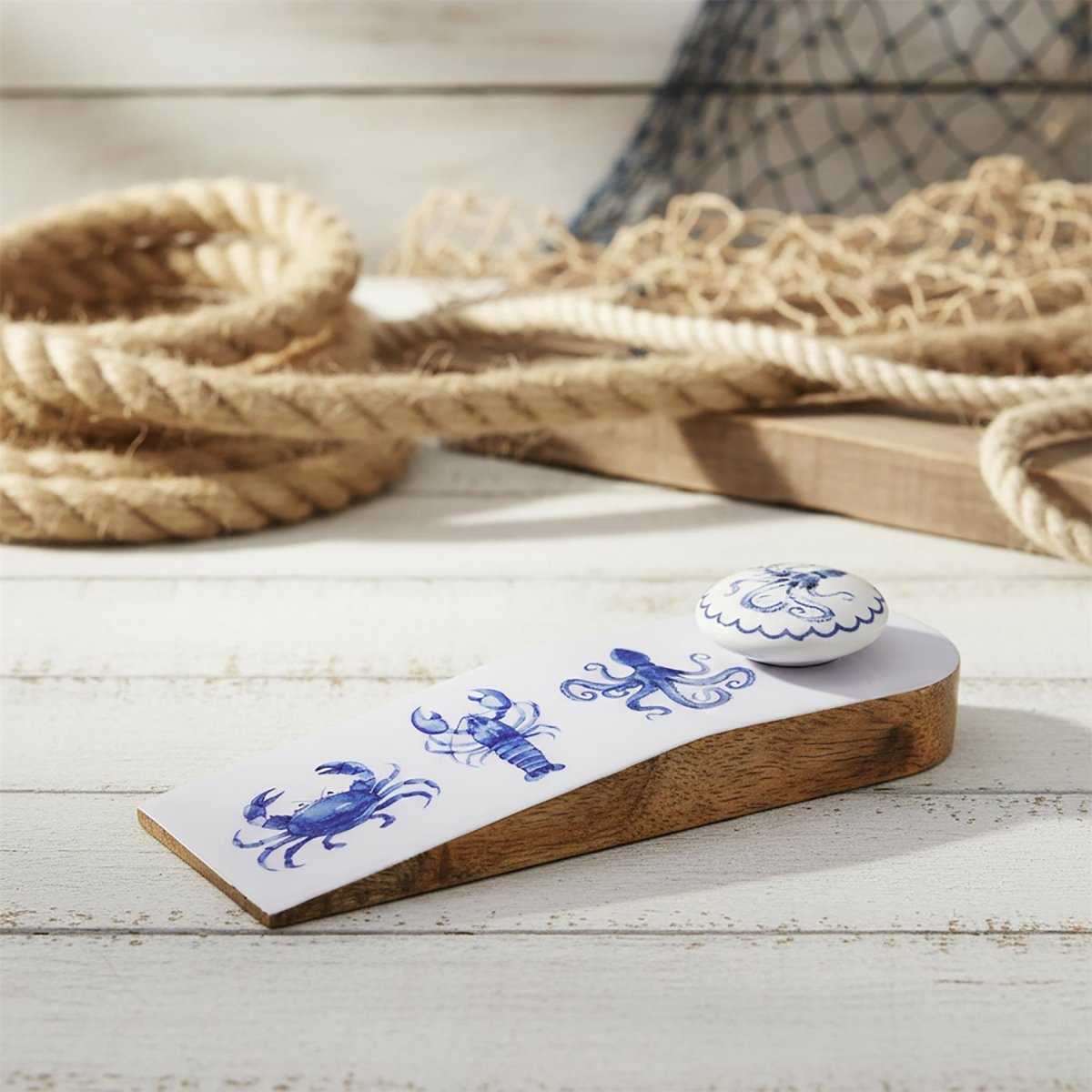 Nautical Wooden Door Stop Wedge, Seashore Enamel & Wood Doorstop Wedge - Doorstop