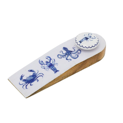 Nautical Wooden Door Stop Wedge, Seashore Enamel & Wood Doorstop Wedge - Doorstop