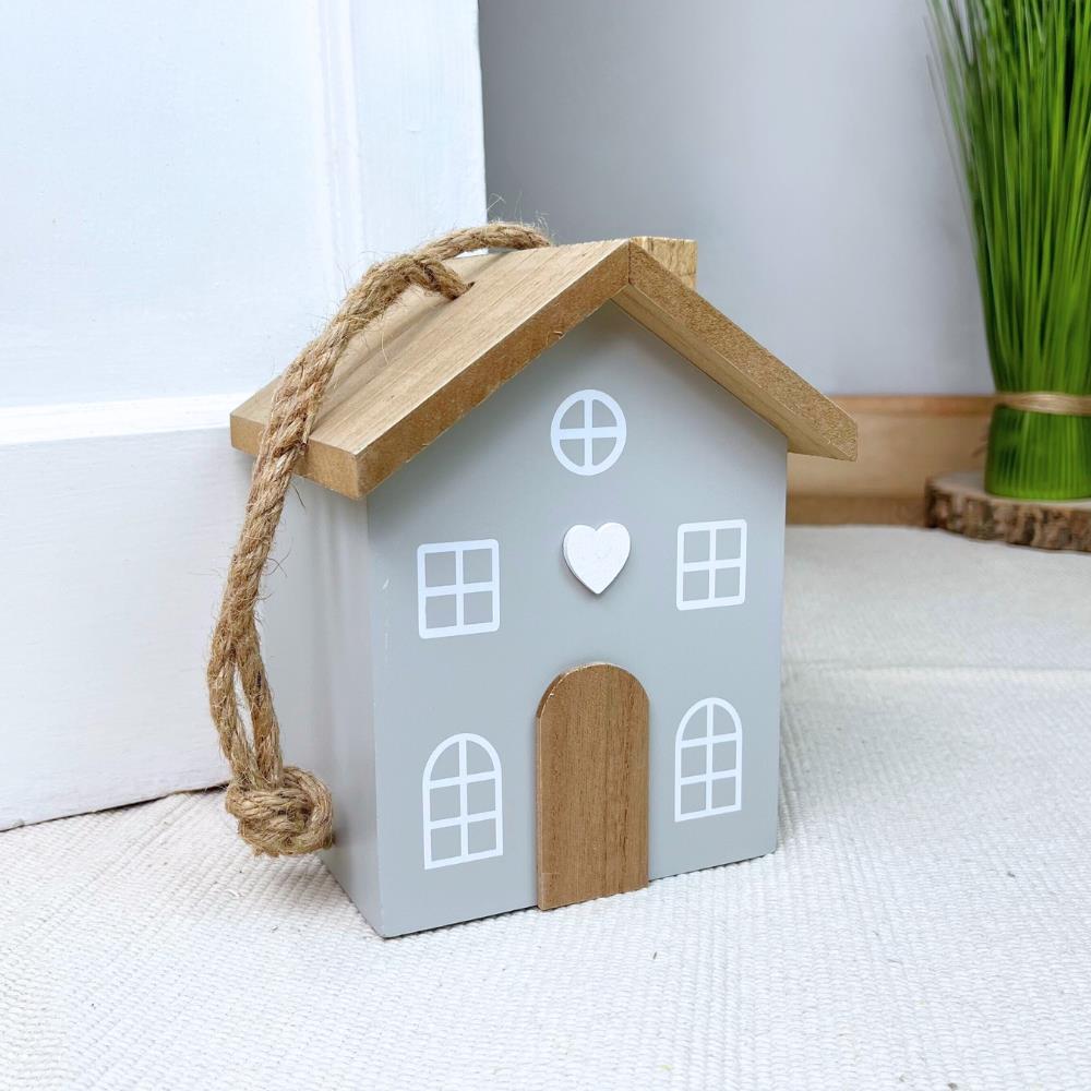 Novelty Wooden House Shaped Door Stop | Contemporary Decorative Wood Block Home Doorstop | Cottage Door Stopper - Grey - Doorstop