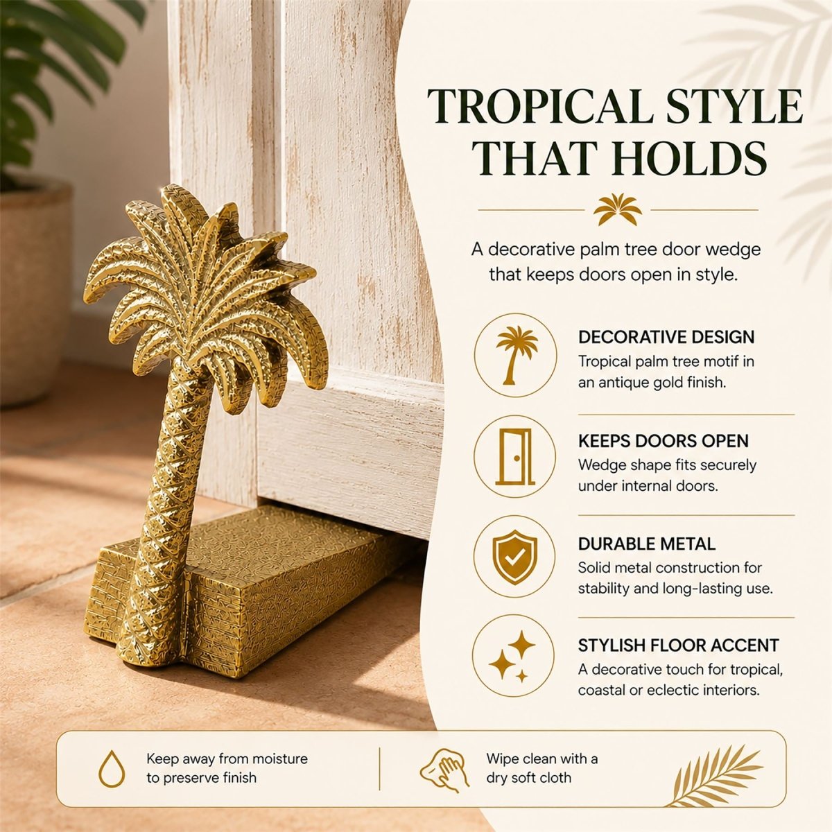 Palm Tree Door Wedge, 11cm Freestanding Gold Metal Tropical Doorstop - Doorstop