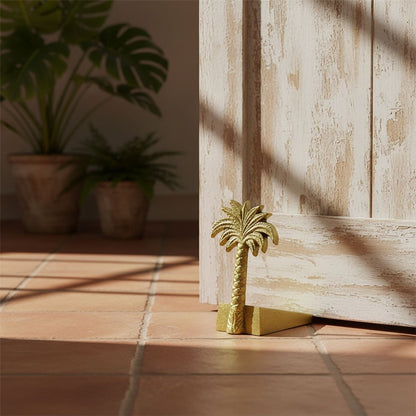 Palm Tree Door Wedge, 11cm Freestanding Gold Metal Tropical Doorstop - Doorstop