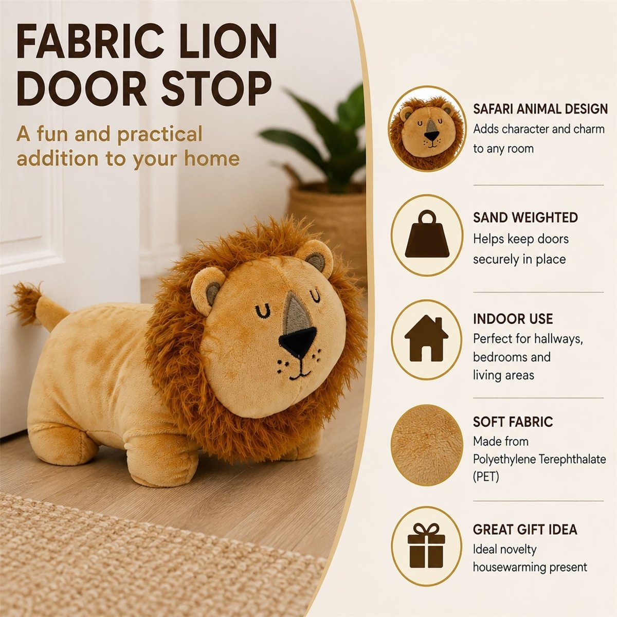 Weighted Fabric Lion Door Stop, 25 cm Decorative Brown Animal Doorstop - Doorstop