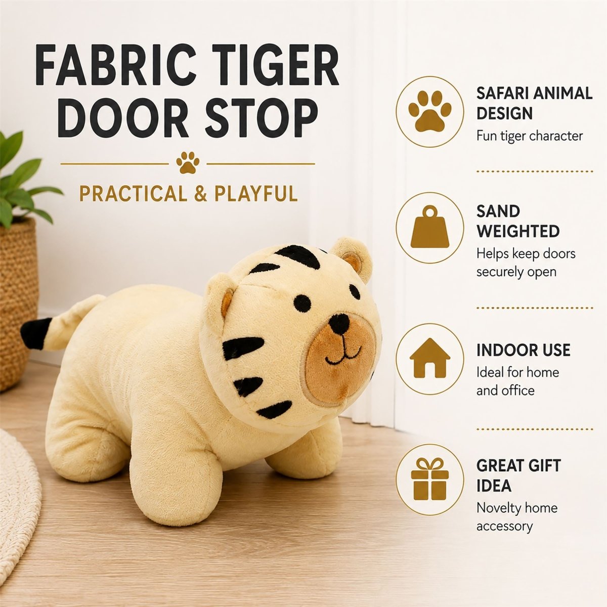Weighted Fabric Tiger Door Stop, 26 cm Yellow Safari Animal Door Stopper - Doorstop